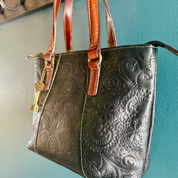 Fossil Black Embossed Leather Satchel - Picture 6 of 14